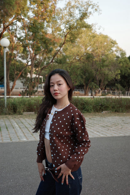 超可愛!!!🤎🩵咖啡色波點針織毛衣外套!!🧸⭐️