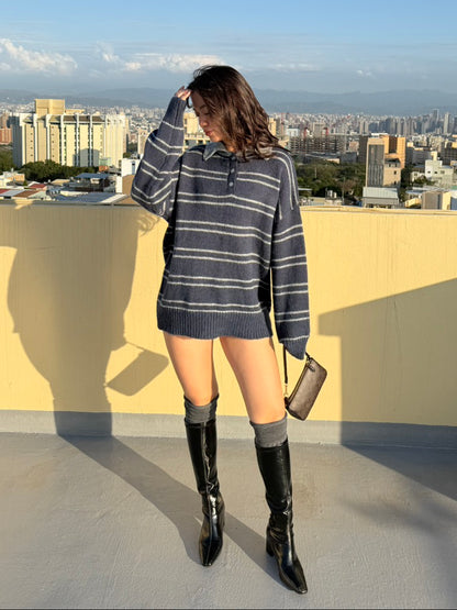 𝐁𝐨𝐲𝐢𝐬𝐡 𝐒𝐭𝐫𝐢𝐩𝐞𝐬 Knit｜灰藍條紋 Polo 毛衣📖