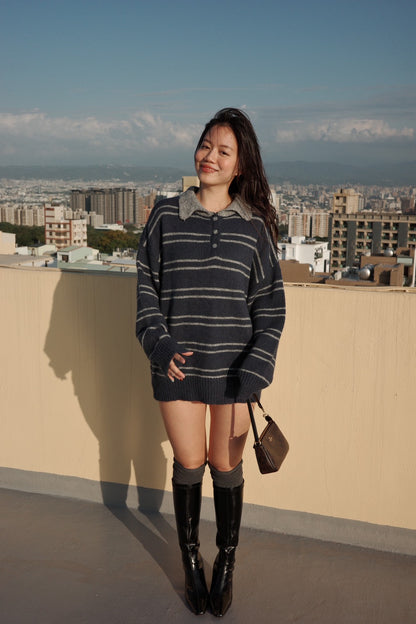𝐁𝐨𝐲𝐢𝐬𝐡 𝐒𝐭𝐫𝐢𝐩𝐞𝐬 Knit｜灰藍條紋 Polo 毛衣📖